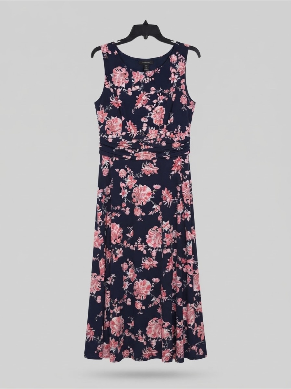 Connected Apparel Navy Blue & Coral Pink Floral Midi Dress Size 10
